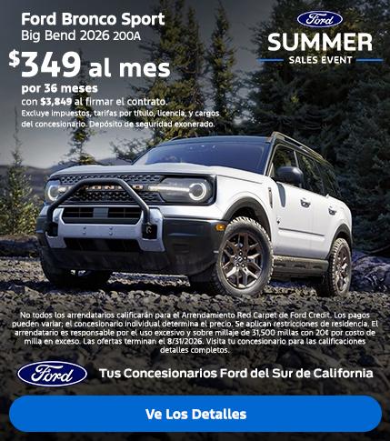 Evento de Ventas de Verano de Ford: Oferta de arrendamiento de la Ford Bronco Sport 2026 | Concesionarios Ford del Sur de California