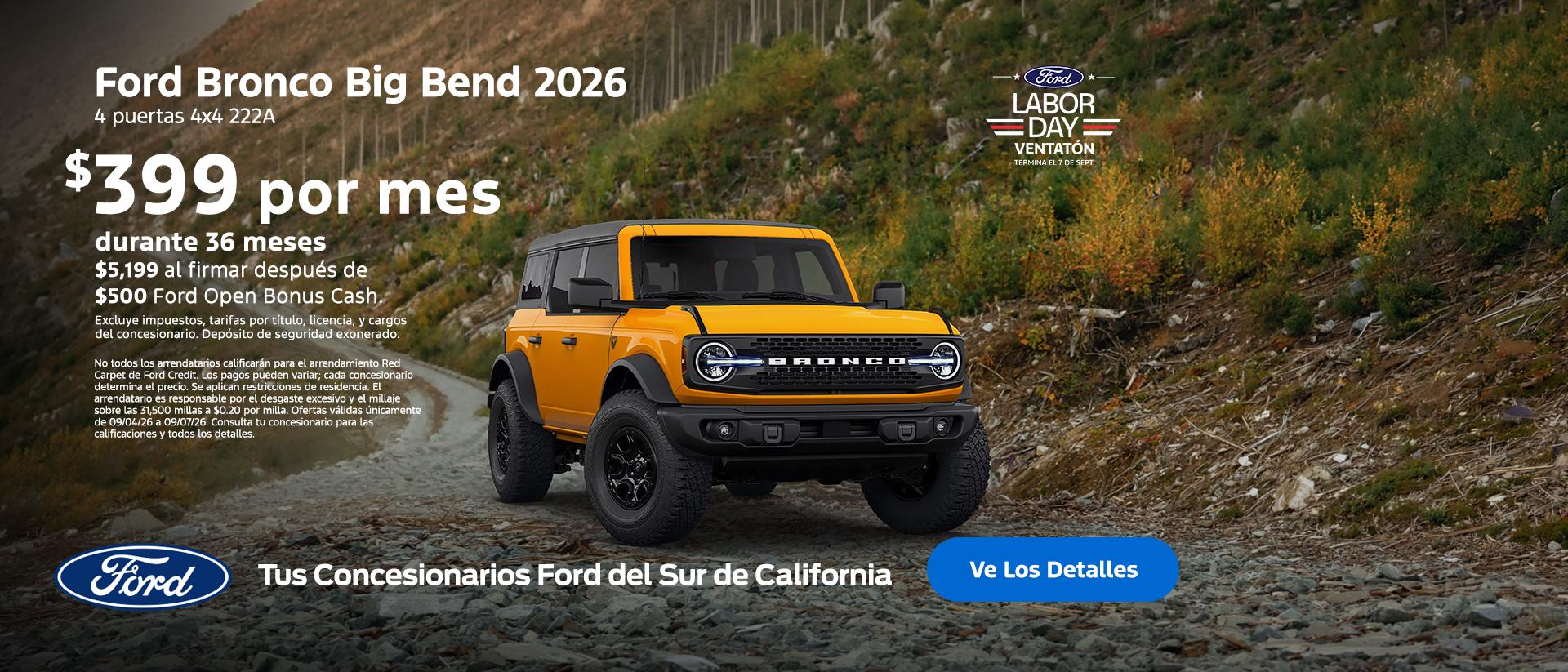 Gran Evento de Ventas Ford del D&iacute;a del Trabajo 2026: Oferta de arrendamiento del Ford Bronco 2026 | Concesionarios Ford del Sur de California
