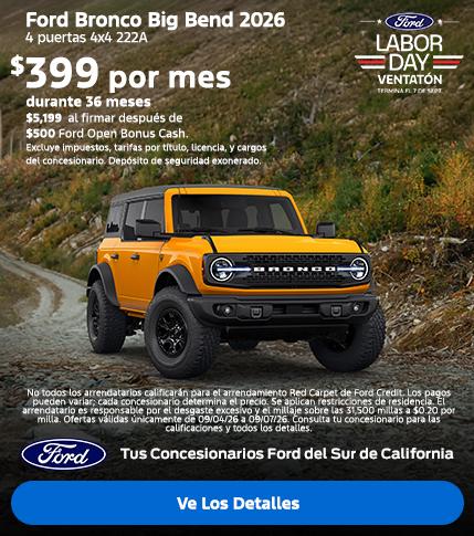 Gran Evento de Ventas Ford del D&iacute;a del Trabajo 2026: Oferta de arrendamiento del Ford Bronco 2026 | Concesionarios Ford del Sur de California