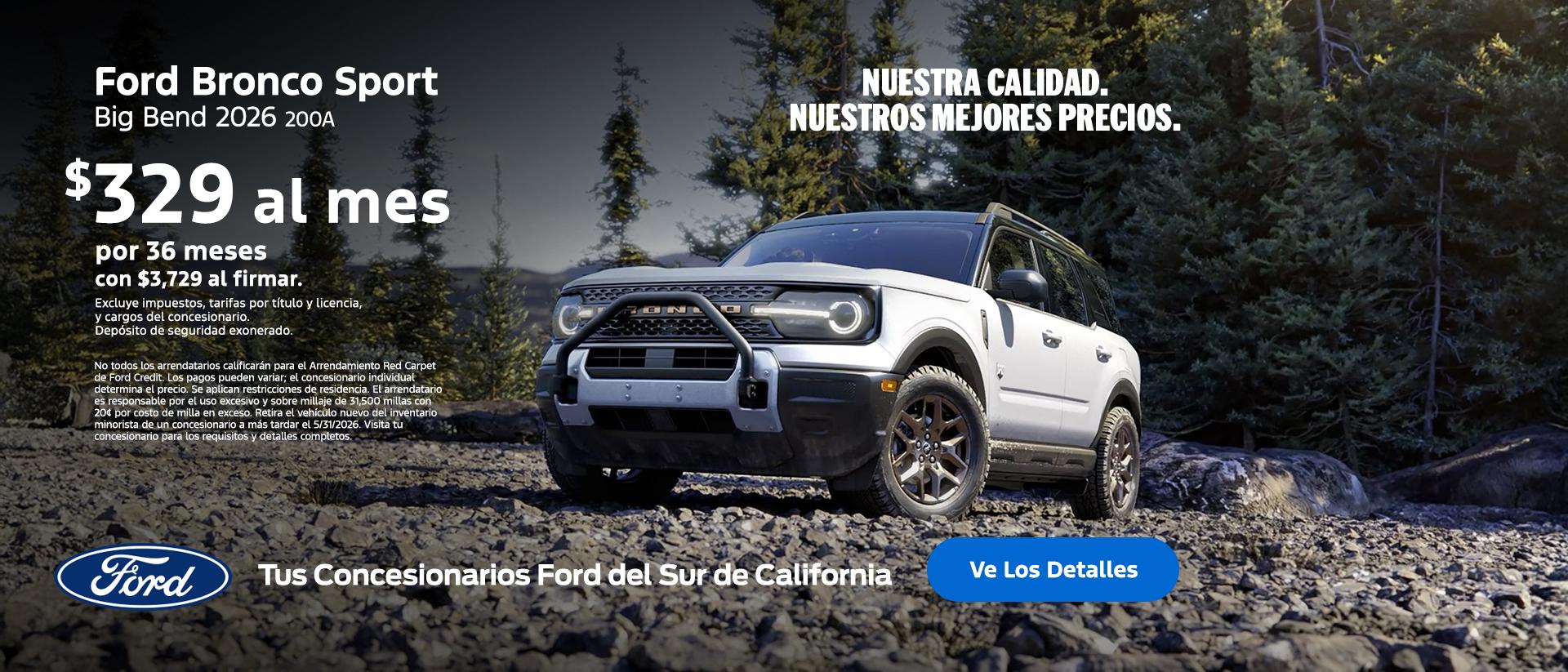 Valor estadounidense para valores estadounidenses: Precios de empleado de Ford para todos. Oferta de arrendamiento del Ford Bronco Sport 2026 disponible en los concesionarios Ford del sur de California.