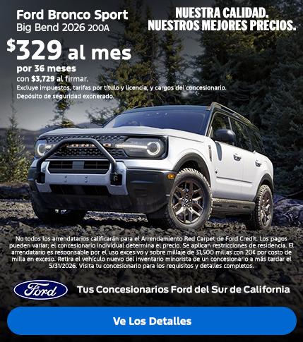 Valor estadounidense para valores estadounidenses: Precios de empleado de Ford para todos. Oferta de arrendamiento del Ford Bronco Sport 2026 disponible en los concesionarios Ford del sur de California.