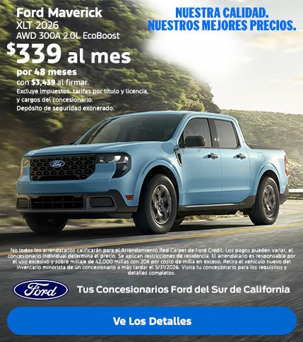 Valor estadounidense para valores estadounidenses: Precios de empleado de Ford para todos. Oferta de arrendamiento del Ford Maverick 2026 disponible en los concesionarios Ford del sur de California.