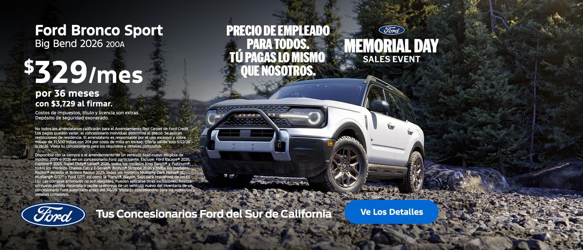 Gran Venta del Memorial Day de Ford 2026 | Precios para Empleados Ford | Arrendamiento del Ford Bronco Sport 2026 | Concesionarios Ford del Sur de California