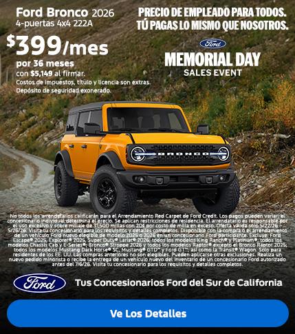 Gran Venta del Memorial Day de Ford 2026 | Precios para Empleados Ford | Arrendamiento del Ford Bronco 2026 | Concesionarios Ford del Sur de California