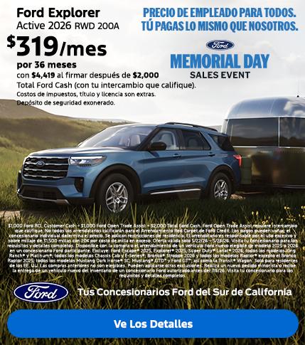 Gran Venta del Memorial Day de Ford 2026 | Precios para Empleados Ford | Arrendamiento del Ford Explorer 2026 | Concesionarios Ford del Sur de California