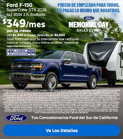 Gran Venta del Memorial Day de Ford 2026 | Precios para Empleados Ford | Arrendamiento del Ford F-150 2026 | Concesionarios Ford del Sur de California