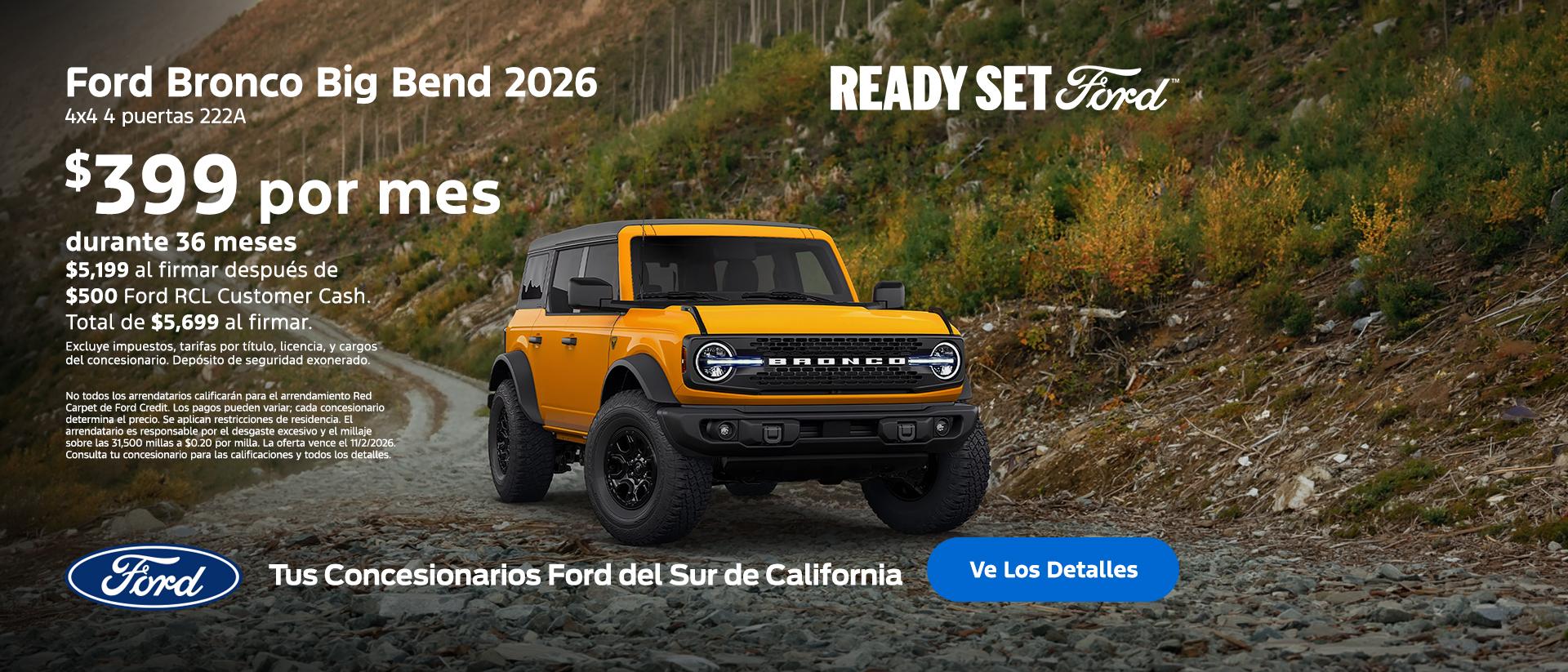 Ready, Set Ford: Oferta de arrendamiento del Ford Bronco Sport 2026 en los concesionarios Ford del sur de California. Ready, Set Ford: Oferta de arrendamiento del Ford Bronco Sport 2026 en los concesionarios Ford del sur de California.
