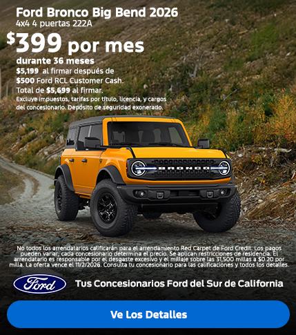 Ready, Set Ford: Oferta de arrendamiento del Ford Bronco Sport 2026 en los concesionarios Ford del sur de California. Ready, Set Ford: Oferta de arrendamiento del Ford Bronco Sport 2026 en los concesionarios Ford del sur de California.