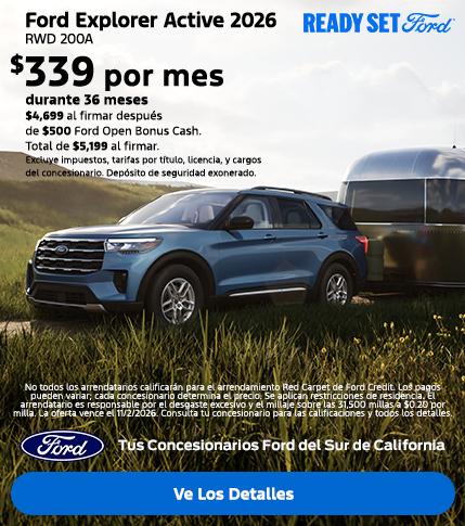 Ready, Set Ford: Oferta de arrendamiento del Ford Explorer 2026 en los concesionarios Ford del sur de California. Ready, Set Ford: Oferta de arrendamiento del Ford Explorer 2026 en los concesionarios Ford del sur de California.