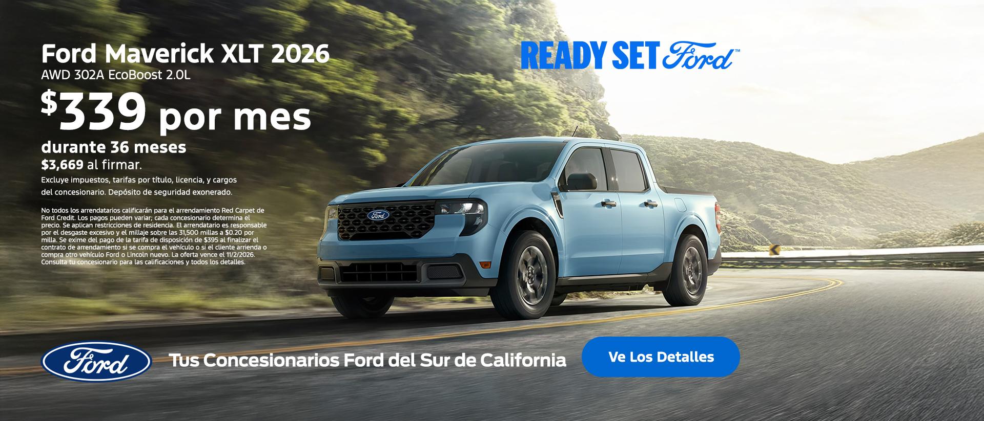 Ready, Set Ford: Oferta de arrendamiento del Ford Maverick 2026 en los concesionarios Ford del sur de California.
