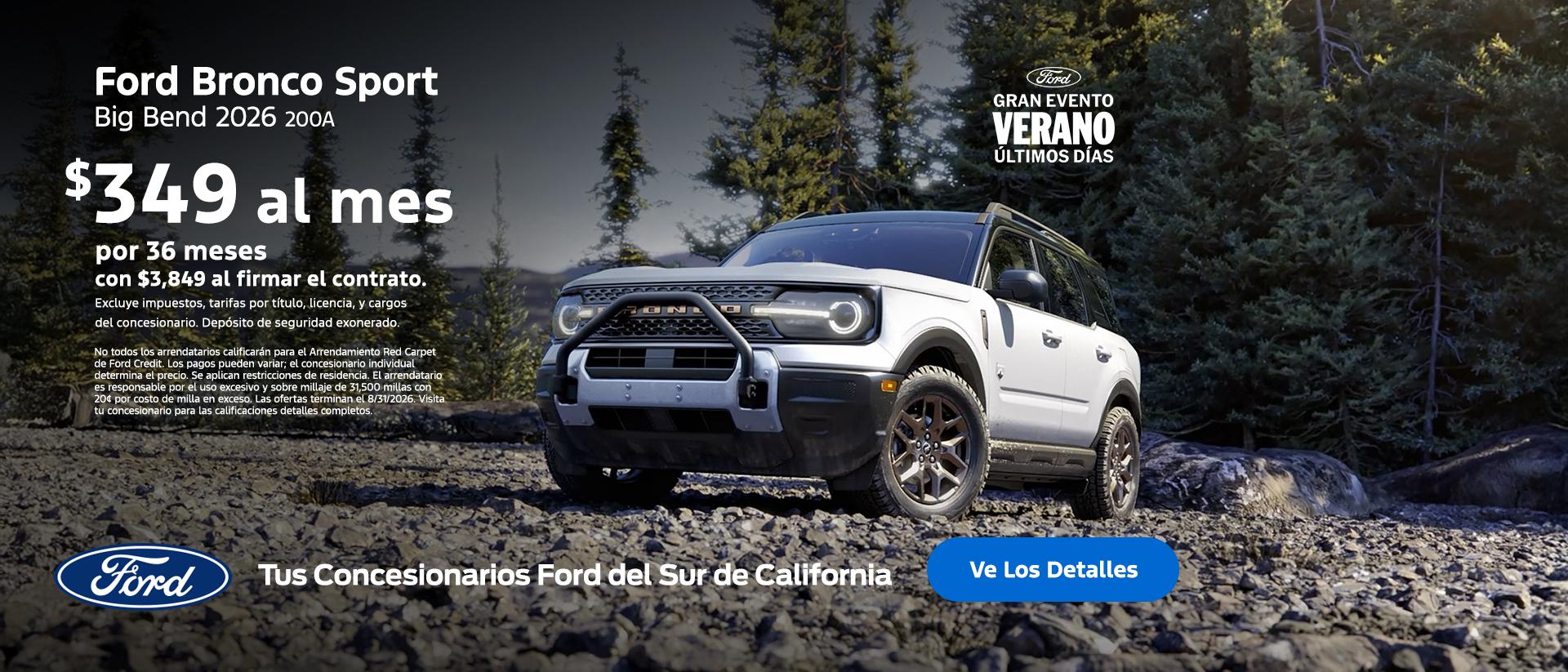 Evento de Ventas de Verano de Ford &Uacute;ltimos d&iacute;as: Oferta de arrendamiento de la Ford Bronco Sport 2026 | Concesionarios Ford del Sur de California