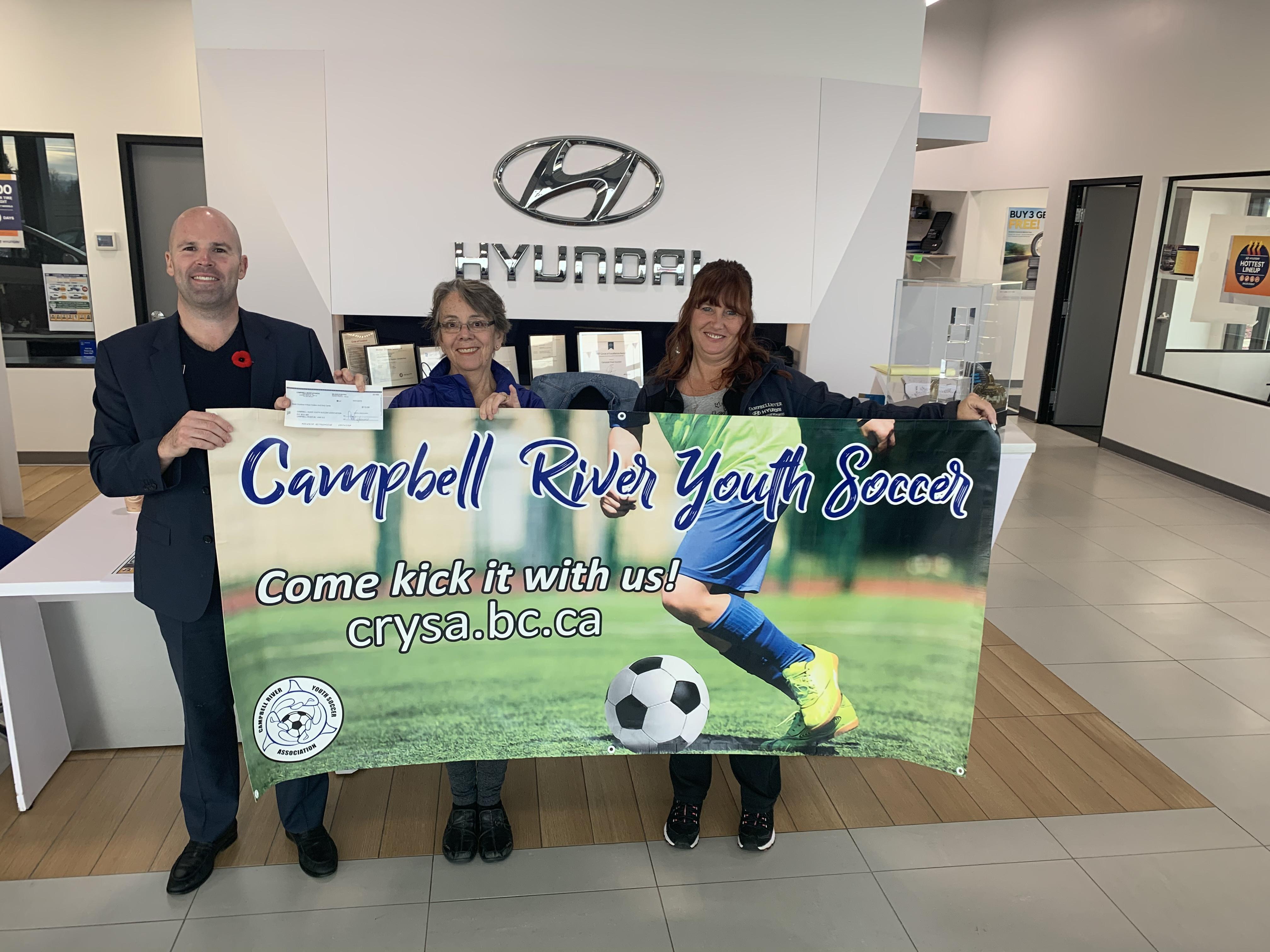 Pictured above L to R: Scott Kilby, Dealer Principal of Campbell River Hyundai, Susan Leask, CYRSA and Vicki Little, CR Hyundai Sales Manager Pictured above L to R: Scott Kilby, Dealer Principal of Campbell River Hyundai, Susan Leask, CYRSA and Vicki Little, CR Hyundai Sales Manager