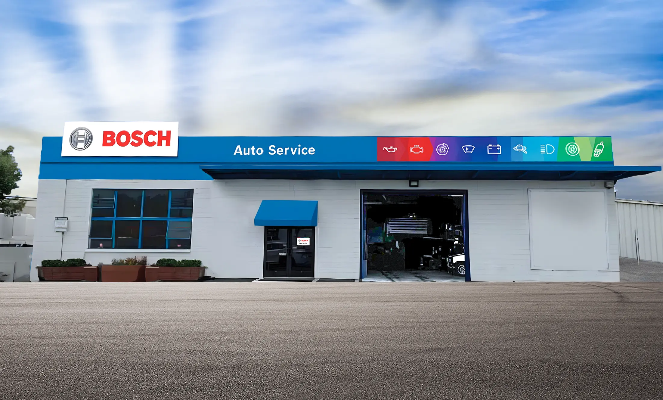 An auto repair shop exterior after it becomes a Bosch Auto Service