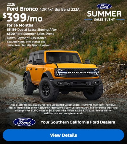 Ford Summer Sales Event: 2026 Ford Bronco Lease Offer | Southern California Ford Dealers Ford Summer Sales Event: 2026 Ford Bronco Lease Offer | Southern California Ford Dealers