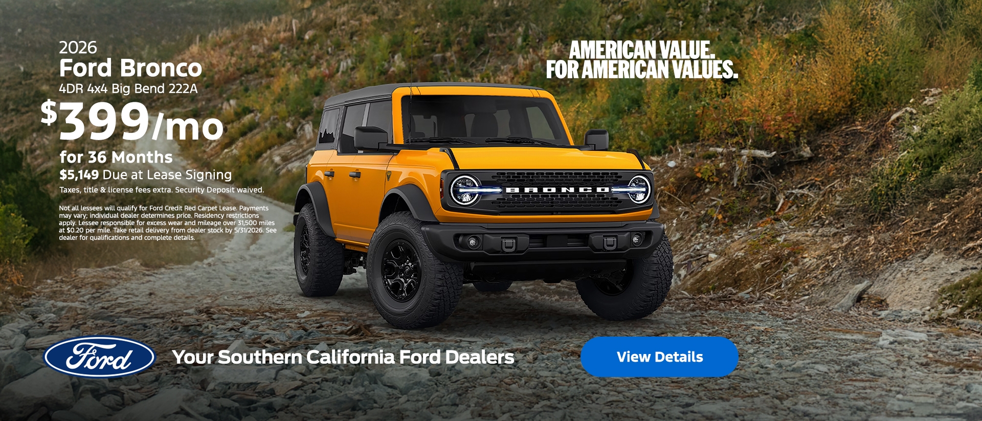 American Value For American Values: 2026 Ford Bronco Lease Offer | Southern California Ford Dealers American Value For American Values: 2026 Ford Bronco Lease Offer | Southern California Ford Dealers