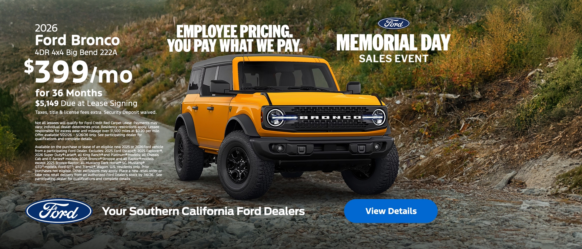 Ford Memorial Day Sellathon 2026 | Ford Employee Pricing | American Value For American Values: 2026 Bronco Lease Offer | Southern California Ford Dealers Ford Memorial Day Sellathon 2026 | Ford Employee Pricing | American Value For American Values: 2026 Bronco Lease Offer | Southern California Ford Dealers