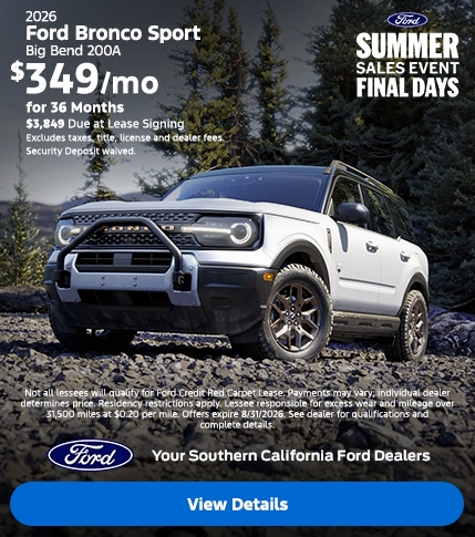 Ford Summer Sales Event Final Days: 2026 Ford Bronco Sport Lease Offer | Southern California Ford Dealers Ford Summer Sales Event Final Days: 2026 Ford Bronco Sport Lease Offer | Southern California Ford Dealers