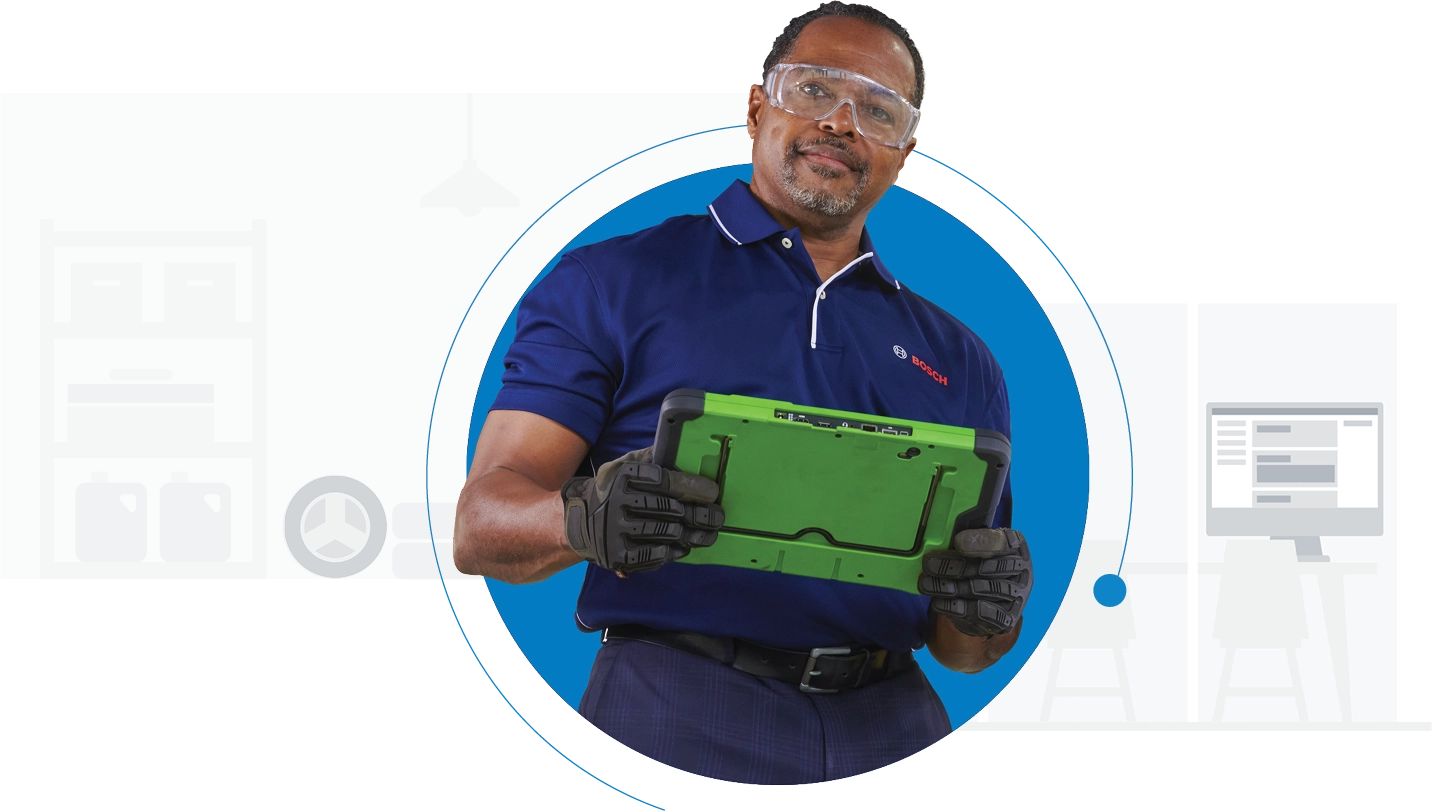 Bosch Auto Service technician holding diagnostics tablet