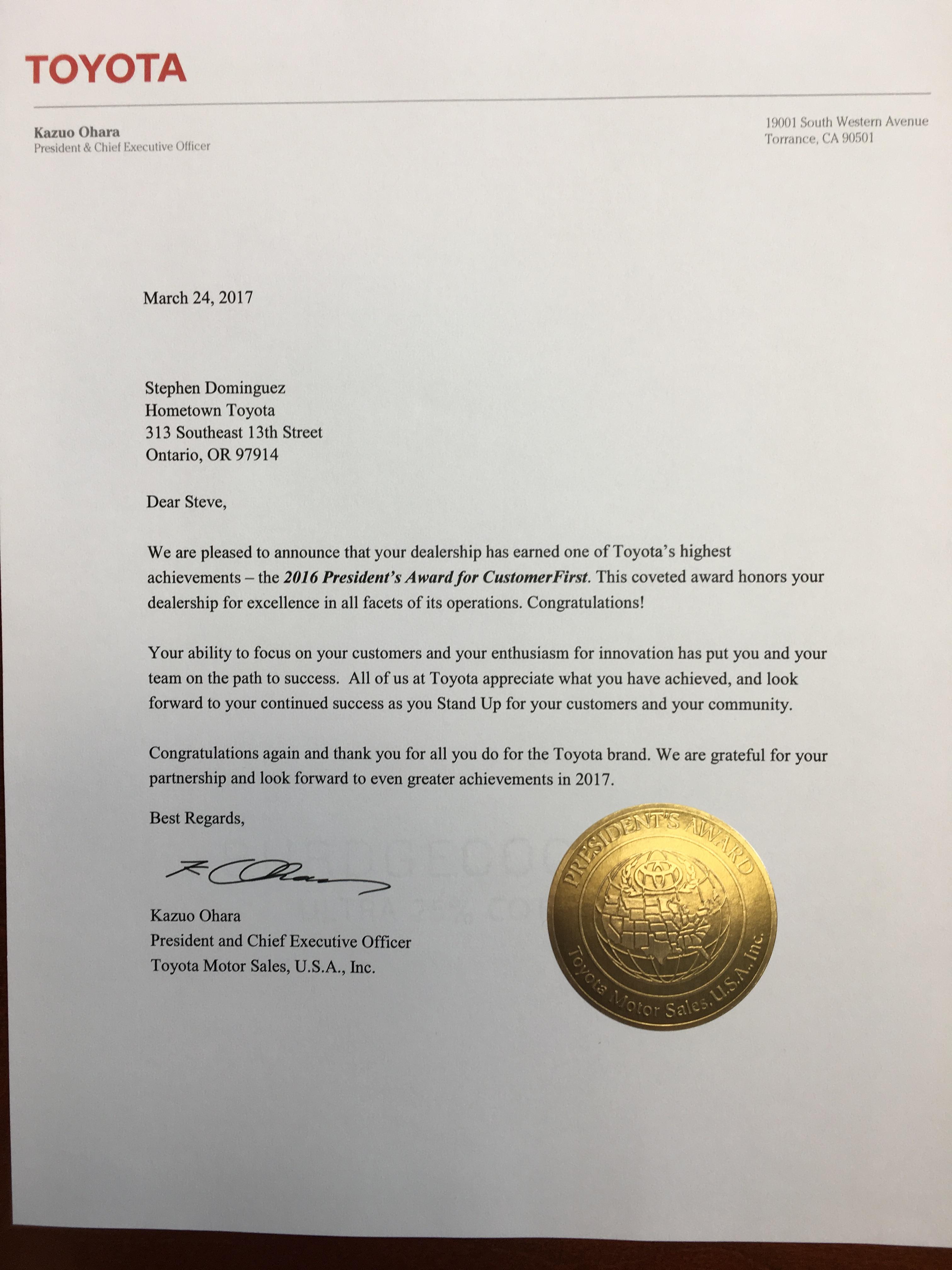 2016 Toyota President's Award 2016 Toyota President's Award